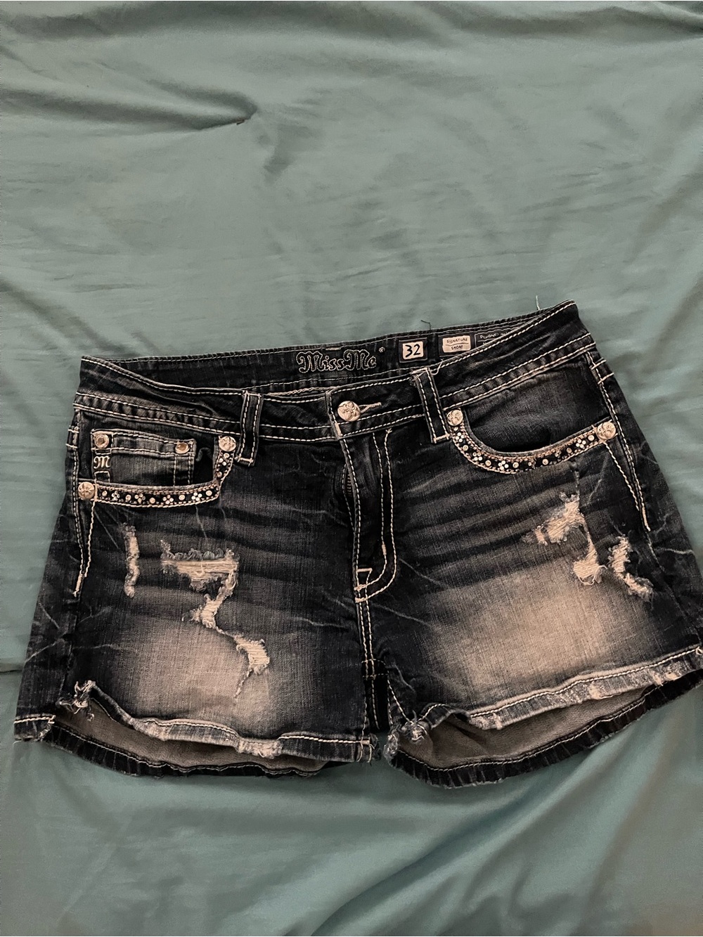 Miss Me Dark Wash Distressed Denim Shorts